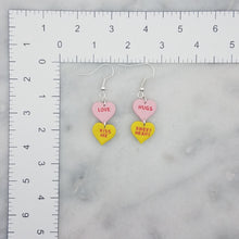 Load image into Gallery viewer, Pink, and Yellow Double Heart Conversation Words Valentine Handmade Dangle Handmade Earrings
