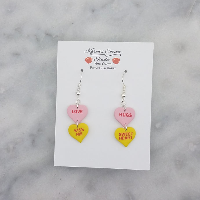 Pink, and Yellow Double Heart Conversation Words Valentine Handmade Dangle Handmade Earrings