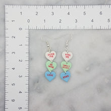 Load image into Gallery viewer, Triple White, Green and Blue Hearts With Red Words Conversation Valentine Handmade Dangle Handmade Earrings

