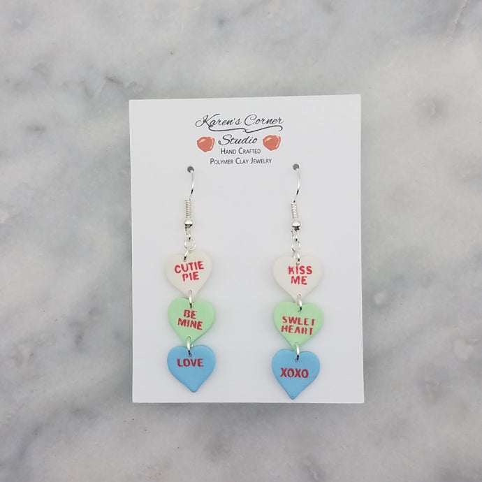 Triple White, Green and Blue Hearts With Red Words Conversation Valentine Handmade Dangle Handmade Earrings