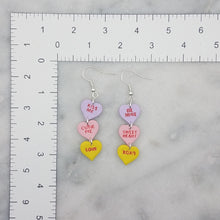 Load image into Gallery viewer, Triple Heart Matching Words and Purple, Pink and Yellow Colors Conversation Valentine Handmade Dangle Handmade Earrings
