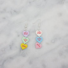 Load image into Gallery viewer, Triple Purple, Green, Yellow, White, Blue, and Pink Heart Handmade Matching Words Conversation Valentine Dangle Handmade Earrings