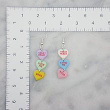 Load image into Gallery viewer, Triple Purple, Green, Yellow, White, Blue, and Pink Heart Handmade Matching Words Conversation Valentine Dangle Handmade Earrings