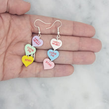 Load image into Gallery viewer, Triple Purple, Green, Yellow, White, Blue, and Pink Heart Handmade Matching Words Conversation Valentine Dangle Handmade Earrings