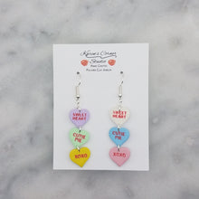 Load image into Gallery viewer, Triple Purple, Green, Yellow, White, Blue, and Pink Heart Handmade Matching Words Conversation Valentine Dangle Handmade Earrings