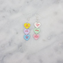 Load image into Gallery viewer, Triple Yellow, Purple, Blue, White, Green, and Pink Handmade Conversation Heart Valentine Dangle Handmade Earrings