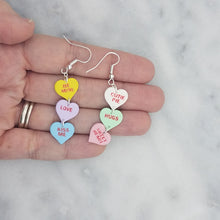 Load image into Gallery viewer, Triple Yellow, Purple, Blue, White, Green, and Pink Handmade Conversation Heart Valentine Dangle Handmade Earrings