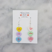 Load image into Gallery viewer, Triple Yellow, Purple, Blue, White, Green, and Pink Handmade Conversation Heart Valentine Dangle Handmade Earrings