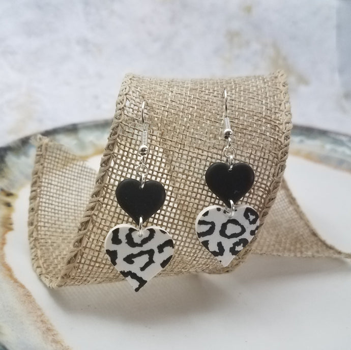 Solid Black and White Leopard Print S and L Double Heart Shaped Dangle Handmade Earrings