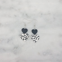 Load image into Gallery viewer, Solid Black and White Leopard Print S and L Double Heart Shaped Dangle Handmade Earrings
