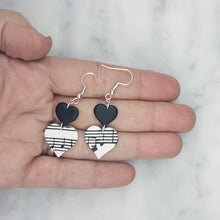 Load image into Gallery viewer, Solid Black with White Double Heart Shaped Music Notes Dangle Handmade Earrings