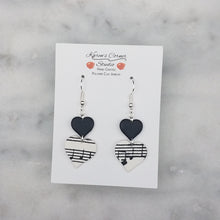 Load image into Gallery viewer, Solid Black with White Double Heart Shaped Music Notes Dangle Handmade Earrings