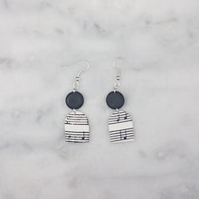 Load image into Gallery viewer, Solid Black Circle with White Arch Shaped Music Notes Dangle Handmade Earrings