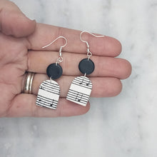Load image into Gallery viewer, Solid Black Circle with White Arch Shaped Music Notes Dangle Handmade Earrings