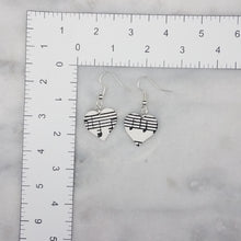 Load image into Gallery viewer, M Black and White Heart Shaped Music Notes Dangle Handmade Earrings