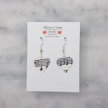 Load image into Gallery viewer, M Black and White Heart Shaped Music Notes Dangle Handmade Earrings