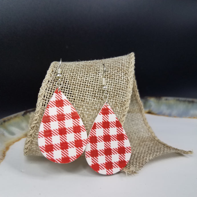 Teardrop SS Buffalo Plaid Pattern White & Red  Handmade Dangle Handmade Earrings