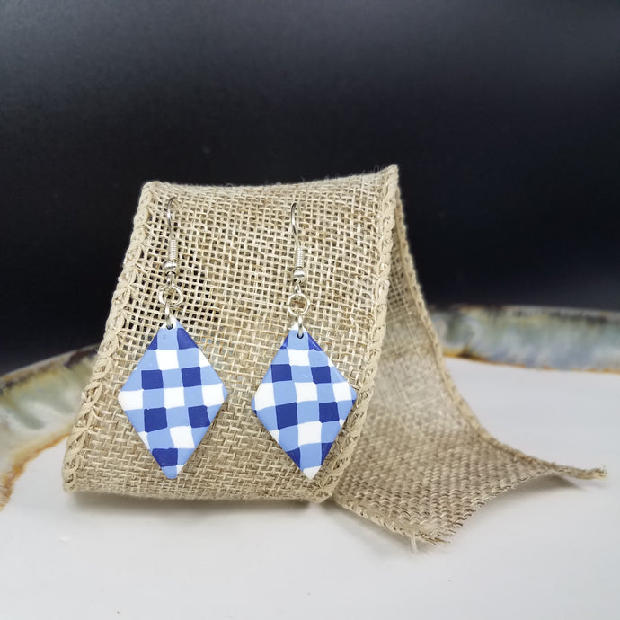 Diamond Buffalo Plaid Pattern Blue & White Dangle Handmade Earrings