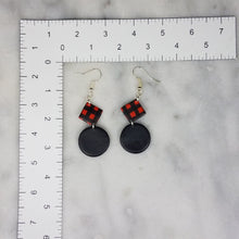 Load image into Gallery viewer, Double Circle &amp; Rhombus Buffalo Plaid Pattern Black &amp; Red Dangle Handmade Earrings
