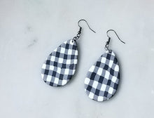 Load image into Gallery viewer, White Buffalo Plaid Polymer Clay L Teardrop Dangle Handmade Earrings