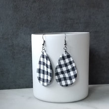 Load image into Gallery viewer, White Buffalo Plaid Polymer Clay L Teardrop Dangle Handmade Earrings