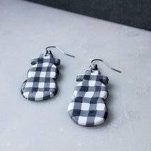 Load image into Gallery viewer, White Buffalo Plaid Polymer Clay L Snowman Dangle Handmade Earrings