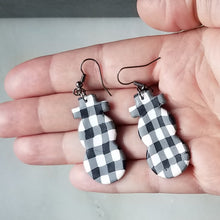 Load image into Gallery viewer, White Buffalo Plaid Polymer Clay L Snowman Dangle Handmade Earrings