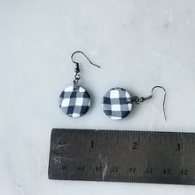 Load image into Gallery viewer, White Buffalo Plaid Polymer Clay Circle Dangle Handmade Earrings