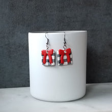 Load image into Gallery viewer, White Buffalo Plaid & Long Red Bow Polymer Clay Square Dangle Handmade Earrings