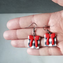 Load image into Gallery viewer, White Buffalo Plaid & Long Red Bow Polymer Clay Square Dangle Handmade Earrings