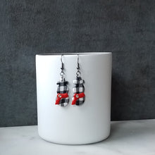 Load image into Gallery viewer, White Buffalo Plaid & Snowman with Red Scarf Polymer Clay Dangle Handmade Earrings
