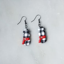 Load image into Gallery viewer, White Buffalo Plaid & Snowman with Red Scarf Polymer Clay Dangle Handmade Earrings