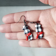 Load image into Gallery viewer, White Buffalo Plaid & Snowman with Red Scarf Polymer Clay Dangle Handmade Earrings