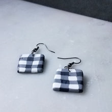 Load image into Gallery viewer, White Buffalo Plaid Polymer Clay Square Dangle Handmade Earrings