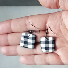 Load image into Gallery viewer, White Buffalo Plaid Polymer Clay Square Dangle Handmade Earrings