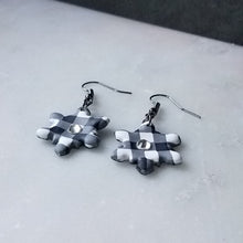 Load image into Gallery viewer, White Buffalo Plaid Polymer Clay Snowflake w/Crystal Dangle Handmade Earrings