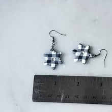 Load image into Gallery viewer, White Buffalo Plaid Polymer Clay Snowflake w/Crystal Dangle Handmade Earrings