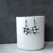 Load image into Gallery viewer, White Buffalo Plaid Polymer Clay Snowflake w/Crystal Dangle Handmade Earrings