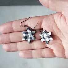 Load image into Gallery viewer, White Buffalo Plaid Polymer Clay Snowflake w/Crystal Dangle Handmade Earrings