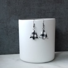 Load image into Gallery viewer, White Buffalo Plaid Polymer Clay Christmas Tree Dangle Handmade Earrings