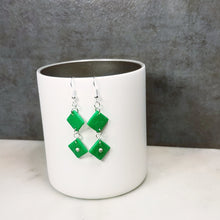 Load image into Gallery viewer, Green and Silver Double Diamond with Swarovski Crystal Dangle Handmade Earrings