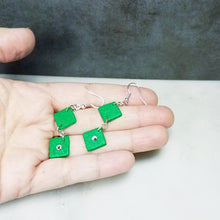 Load image into Gallery viewer, Green and Silver Double Diamond with Swarovski Crystal Dangle Handmade Earrings