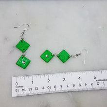 Load image into Gallery viewer, Green and Silver Double Diamond with Swarovski Crystal Dangle Handmade Earrings