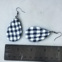 Load image into Gallery viewer, White Buffalo Plaid Polymer Clay L Teardrop Dangle Handmade Earrings