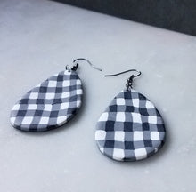 Load image into Gallery viewer, White Buffalo Plaid Polymer Clay L Teardrop Dangle Handmade Earrings