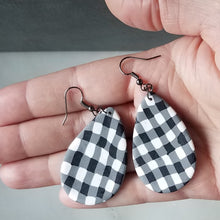 Load image into Gallery viewer, White Buffalo Plaid Polymer Clay L Teardrop Dangle Handmade Earrings