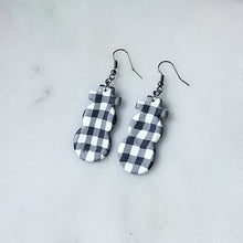 Load image into Gallery viewer, White Buffalo Plaid Polymer Clay L Snowman Dangle Handmade Earrings