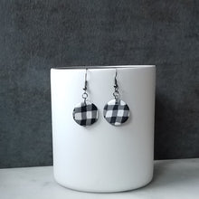 Load image into Gallery viewer, White Buffalo Plaid Polymer Clay Circle Dangle Handmade Earrings