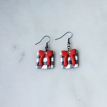 Load image into Gallery viewer, White Buffalo Plaid & Long Red Bow Polymer Clay Square Dangle Handmade Earrings