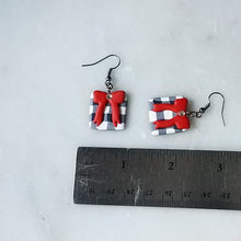 Load image into Gallery viewer, White Buffalo Plaid & Long Red Bow Polymer Clay Square Dangle Handmade Earrings